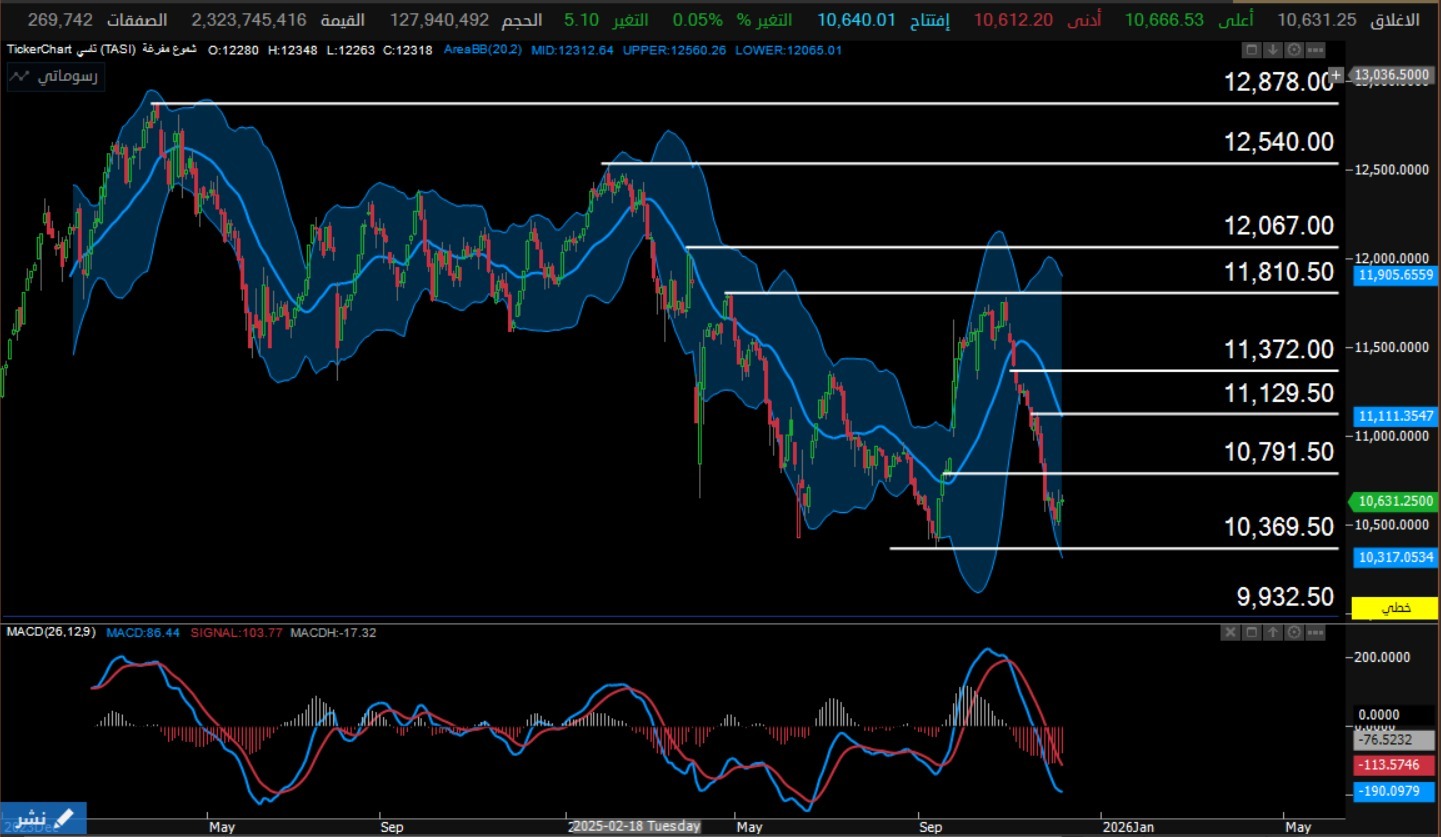 اغلق المؤشر جلسة اليوم  الأحد عند مستوي 10631 علي ارتفاع نحو 5.10 + نقطة   بنسبة % 0.05 + بحجم تداول